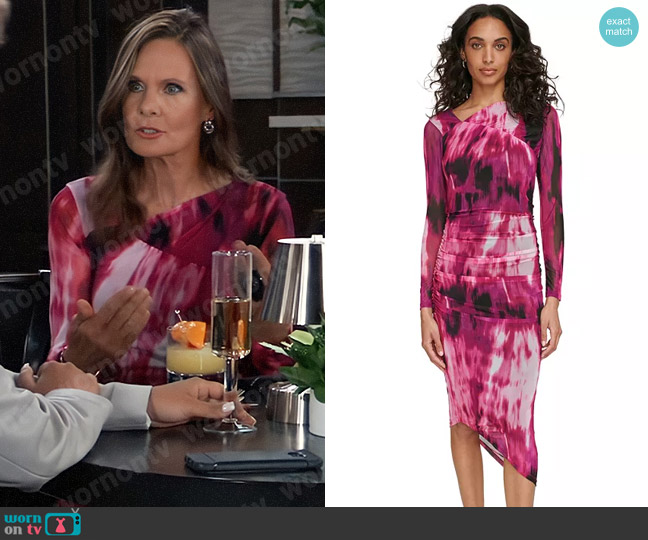 Calvin Klein Printed Ruched Asymmetrical Midi Dress worn by Lucy Coe (Lynn Herring) on General Hospital