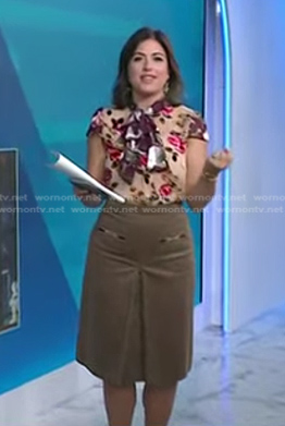 Chloe’s beige floral tie neck top and skirt on Today