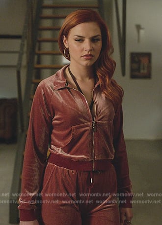 Chloe’s red velour jacket and pants on Elite