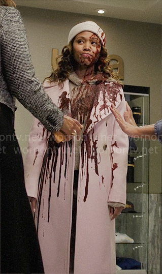 Chris’s long pink coat that got splashed with blood on The Morning Show