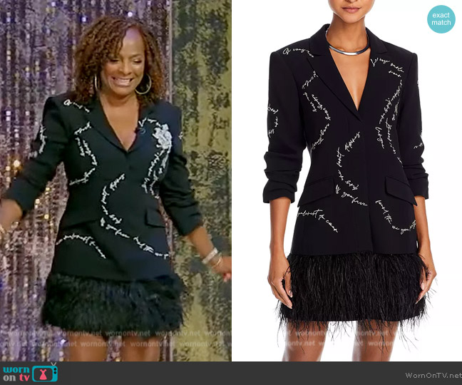 Cinq a Sept Script Embroidery Feather Hem Dress worn by Vanessa Bell Calloway on Tamron Hall Show