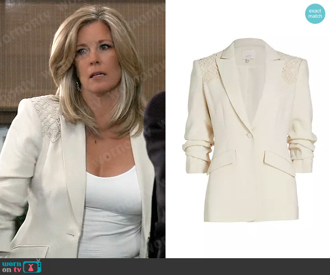 Cinq a Sept Cheyenne Crochet Lace Blazer in Light Plaster worn by Carly Spencer (Laura Wright) on General Hospital