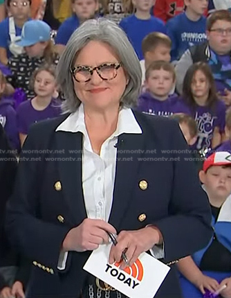 Cynthia McFadden’s navy blazer and chain print skirt on Today