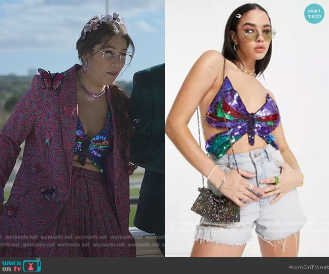 ASOS Daisy Street Y2K strappy butterfly crop top in grunge sequins worn by (Nadia Al Saidi) on Elite