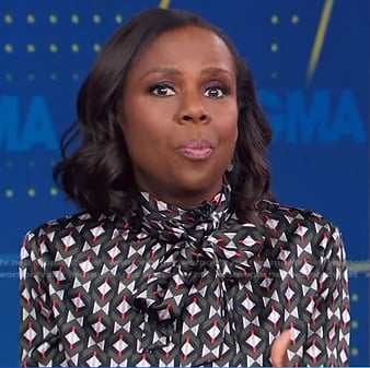 Deborah’s geometric print tie neck blouse on Good Morning America