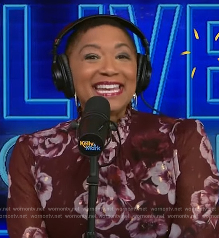 Deja Vu’s burgundy floral print dress on Live with Kelly and Mark