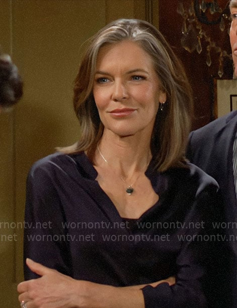 Diane’s silky navy blouse on The Young and the Restless
