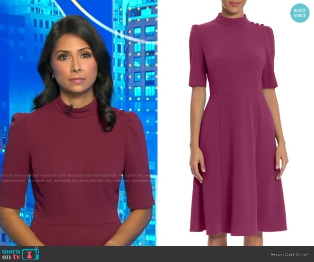 Donna Morgan Mock Neck Button Shoulder Dress in Raspberry Radiance worn by Zohreen Shah on Good Morning America