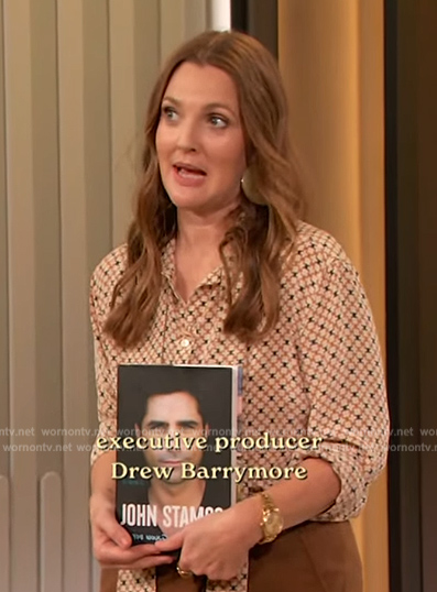 Drew’s printed tie neck blouse on The Drew Barrymore Show