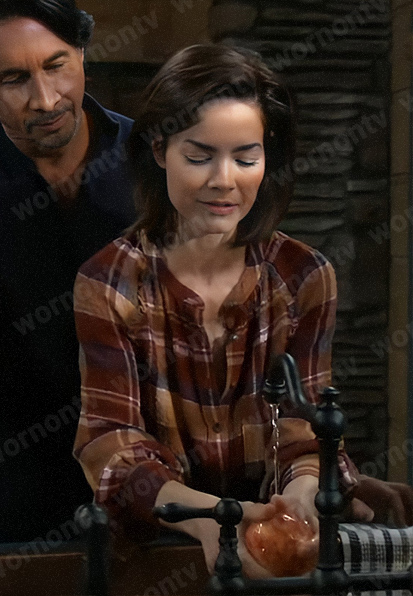 Elizabeth’s brown plaid button front top on General Hospital