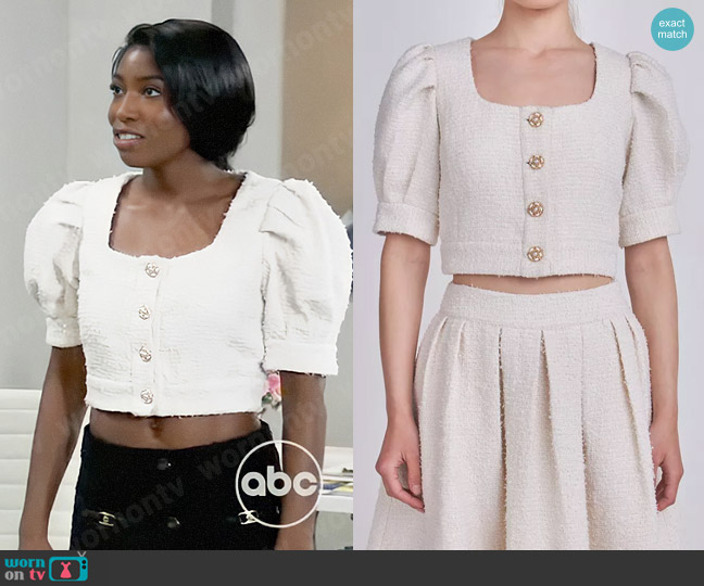 Endless Rose Cropped Tweed Puff Sleeve Top worn by Trina Robinson (Tabyana Ali) on General Hospital