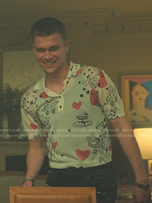 Eric’s white heart print polo shirt on Elite