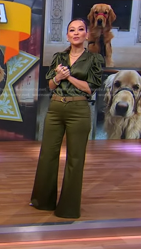 Eva’s green satin blouse and flare pants on Good Morning America
