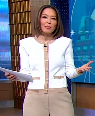 Eva’s white contrast trim cardigan on Good Morning America