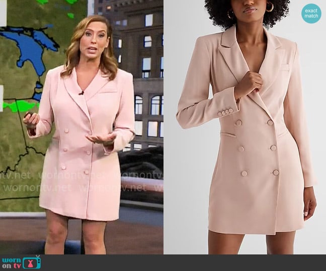 Express Double Breasted Padded Shoulder Mini Blazer Dress worn by Stephanie Abrams on CBS Mornings