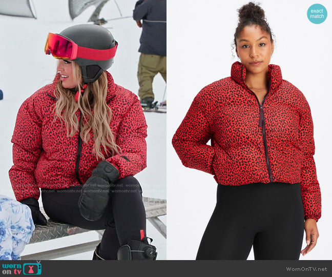 Fabletics Wander Cropped Puffer in Electric Cherry Classic Leopard/Black Logo worn by Whitney Rose on The Real Housewives of Salt Lake City
