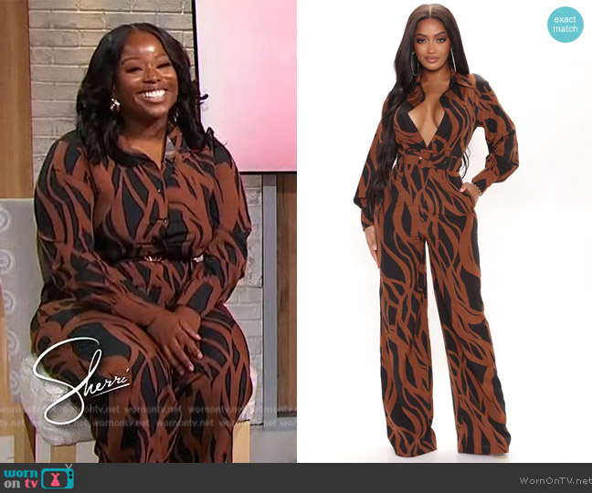 Fashion Nova Feel Good Zebra Jumpsuit worn by Toria Townsend on Sherri