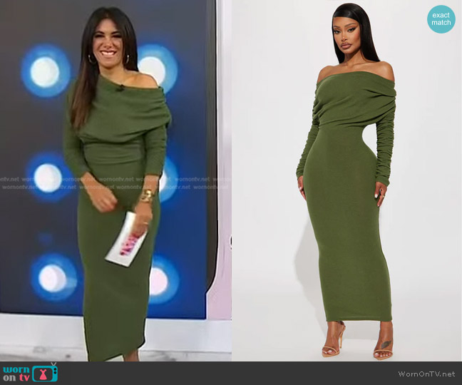Fashion Nova Yasmine Off Shoulder Sweater Maxi Dress in Green worn by Joelle Garguilo on Today