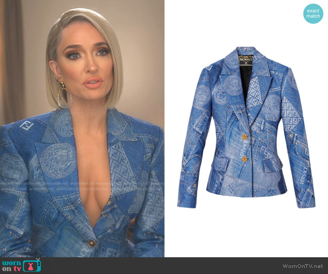 Fendi x Versace Fendace Patchwork Denim Blazer worn by Erika Jayne on The Real Housewives of Beverly Hills