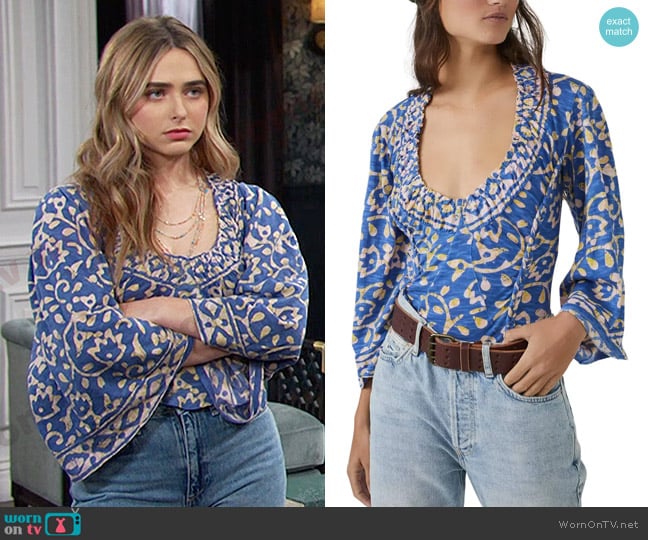 Free People On the Block Bell Sleeve Top in Blue Combo worn by Holly Jonas (Ashley Puzemis) on Days of our Lives