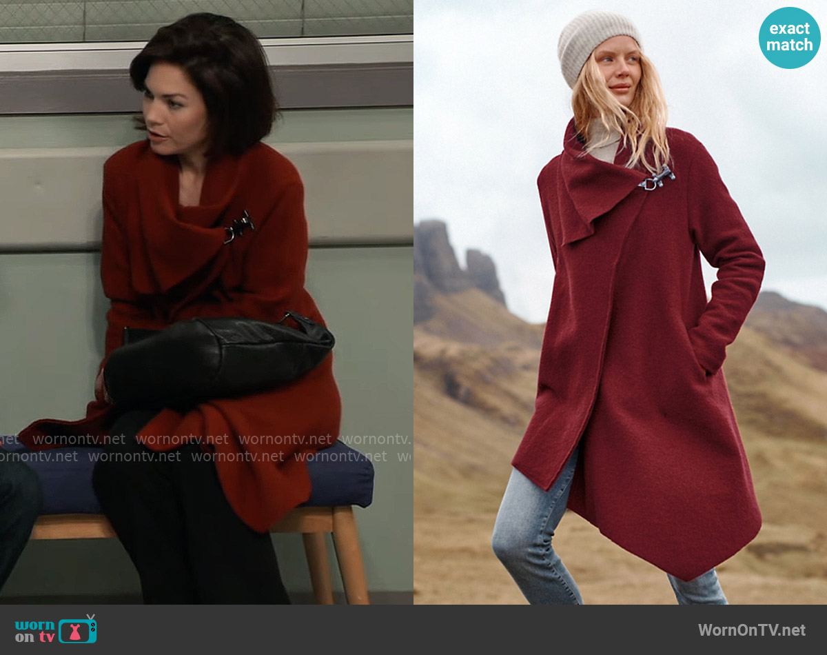 Garnet Hill Asymmetrical Boiled-Wool Coat in Goji Berry worn by Elizabeth Webber (Rebecca Herbst) on General Hospital