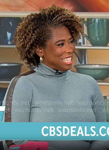 Gayle Bass’s blue leather stripe turtleneck on CBS Mornings