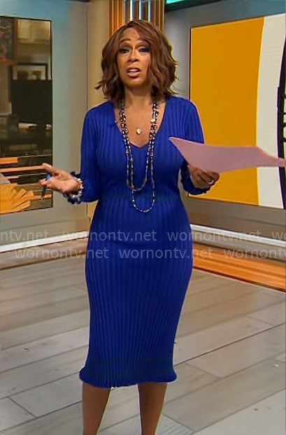 Gayle King’s blue ribbed v-neck dress on CBS Mornings