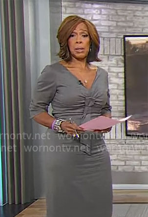 Gayle King’s grey v-neck bow dress on CBS Mornings