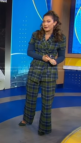 Ginger’s green plaid mixed media blazer and pants on Good Morning America