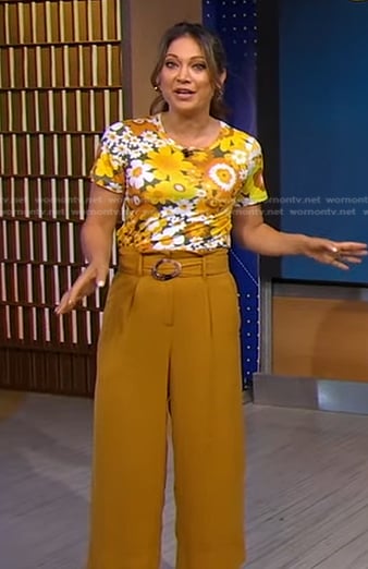Ginger’s yellow floral tee and belted pants on Good Morning America