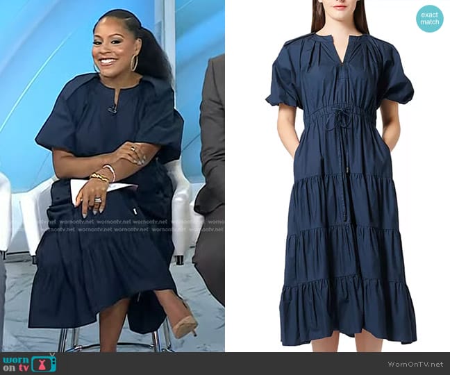 Gracia Cotton Tiered Midi Dress in Navy worn by Sheinelle Jones on Today