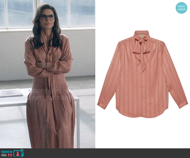 Gucci Logo-jacquard silk blouse worn by Sheila (Lisa Rinna) on American Horror Stories