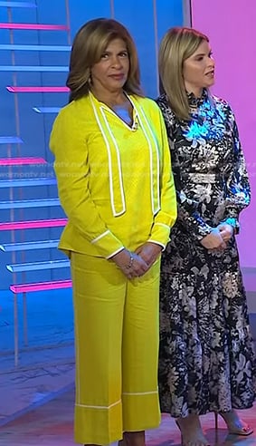 Hoda’s yellow tie neck blouse and pants with white piping on Today