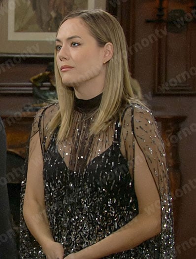 Hope’s sheer black embellished cape dress on The Bold and the Beautiful