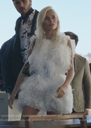 Isadora’s white tulle feather mini dress on Elite