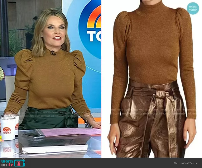 Alice + Olivia Issa Glitter Puff-Sleeve Turtleneck Sweater worn by Savannah Guthrie on Today
