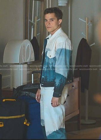 Ivan’s landscape print denim jacket and jeans on Elite
