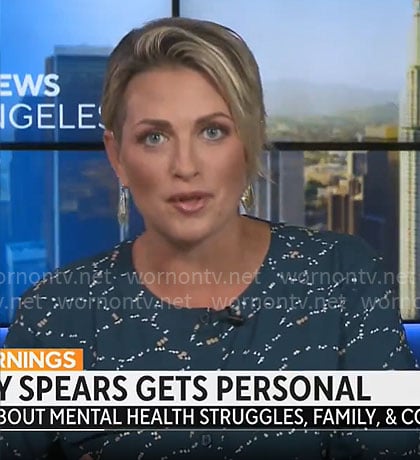 Jamie Yuccas’s teal green printed button down top on CBS Mornings