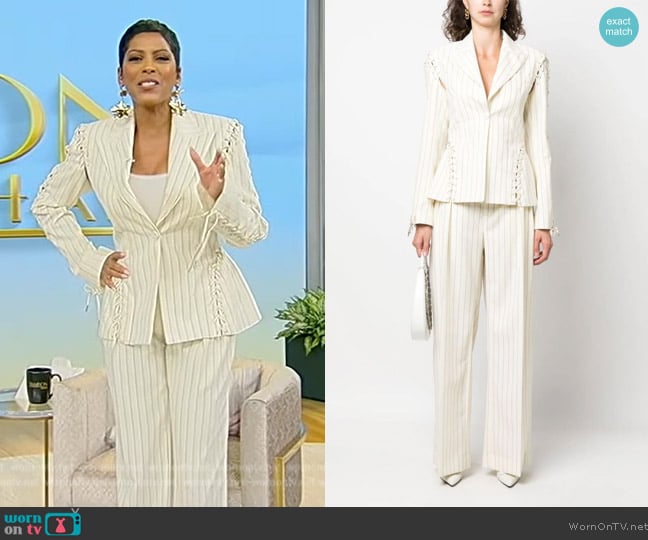 Jean Paul Gaultier Lace-up striped twill blazer worn by Tamron Hall on Tamron Hall Show