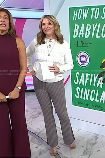 Jenna’s white fringed sweater and grey check pants on Today