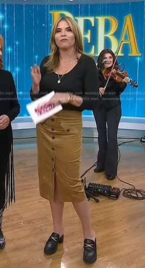 Jenna’s camel corduroy skirt and loafer mules on Today