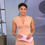Jericka Duncan’s beige split-neck sheath dress on CBS Mornings