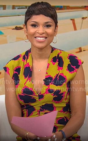 Jericka Duncan’s abstract print ruched dress on CBS Mornings