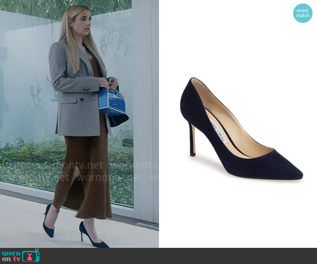 Jimmy Choo Romy 85 Pumps in Navy Suede worn by Anna Victoria Alcott (Emma Roberts) on American Horror Story