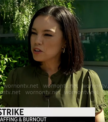 Jo Ling Kent’s olive green ruffle trim top on CBS Mornings