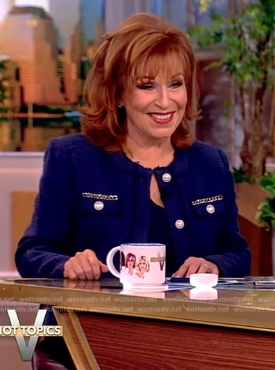 Joy’s blue chain detail tweed jacket on The View