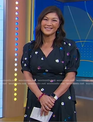 Juju’s navy floral puff sleeve dress on Good Morning America