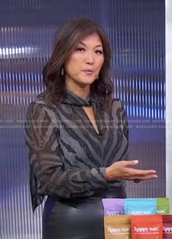Juju’s grey zebra tie neck blouse on Good Morning America