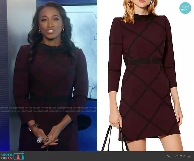 Karen Millen Windowpane Check-Pattern Mini Dress in Aubergine worn by Brittany Bell on Good Morning America