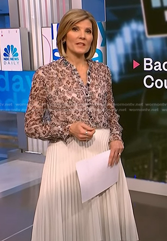 Kate’s floral sheer blouse and white pleated skirt on NBC News Daily
